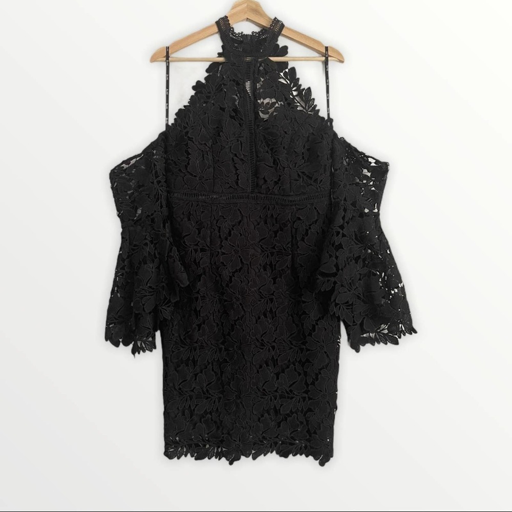 Bardot Black Lace Cold Shoulder High Neck Dress